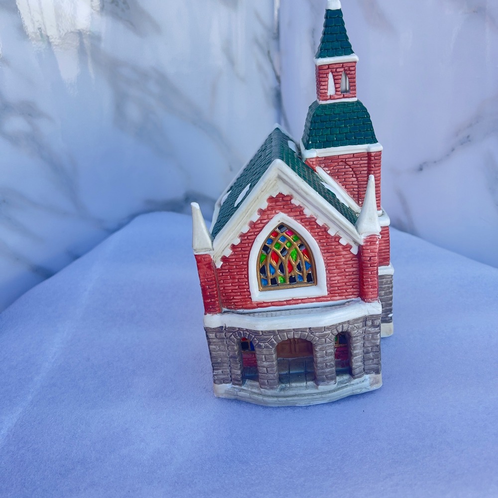 Vintage Ceramic Christmas Village Church Red Brick Green Roof Stained Glass 8.5"